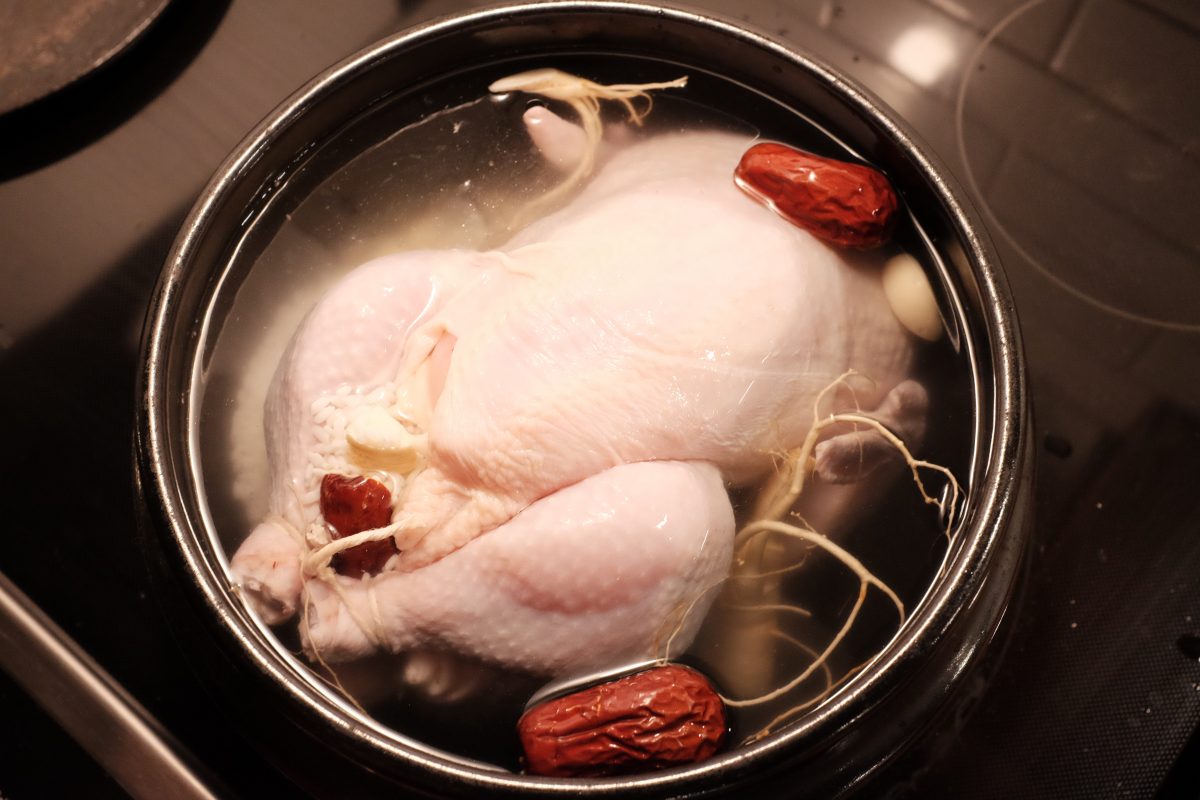 ingredients assembled for samgyetang. Chicken goes into pot