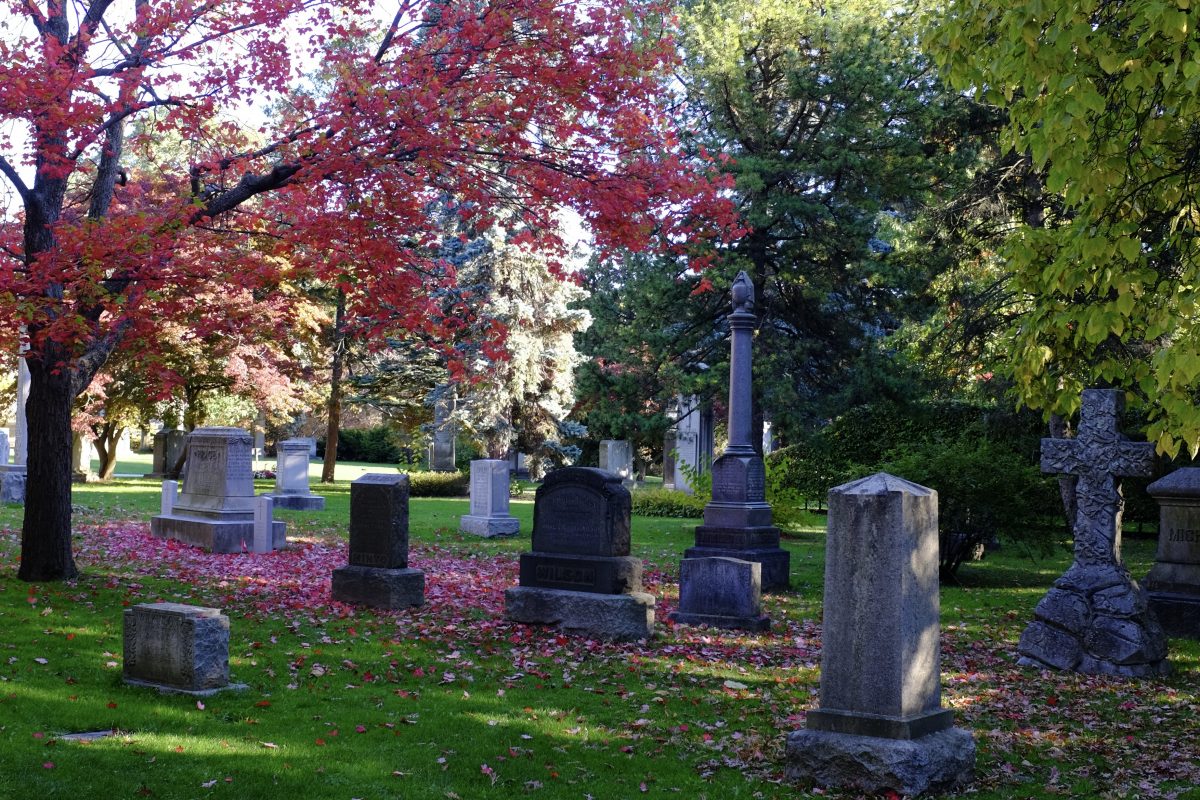 Mount Pleasant cemetery with red leaves in fall