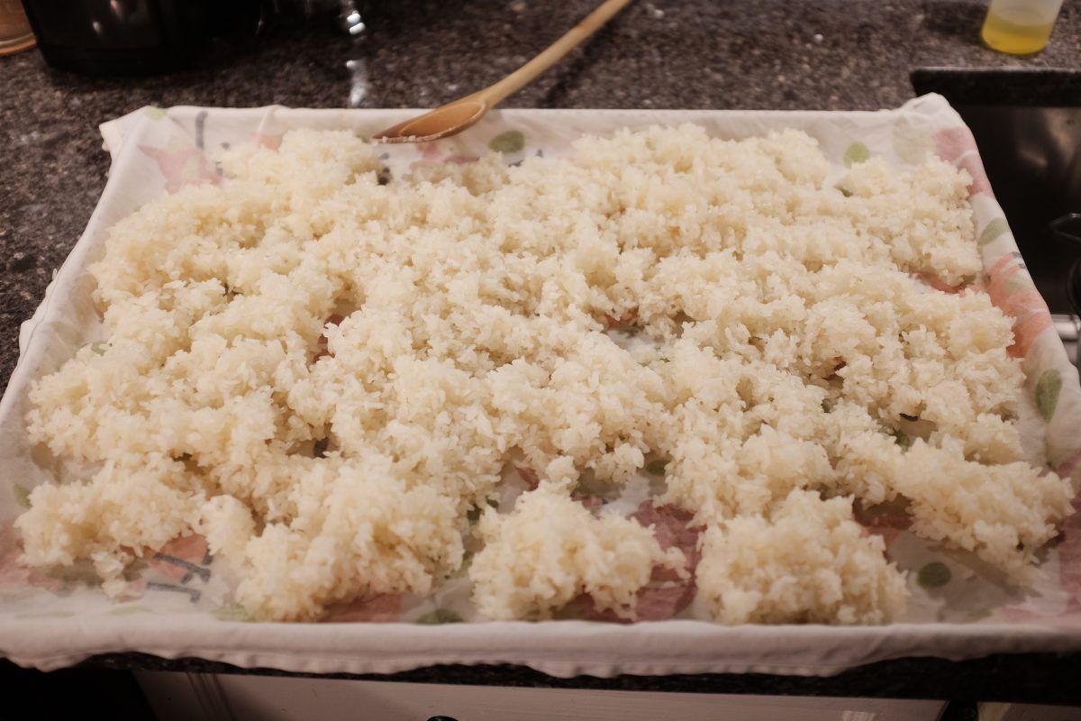 finished rice cooling on tray