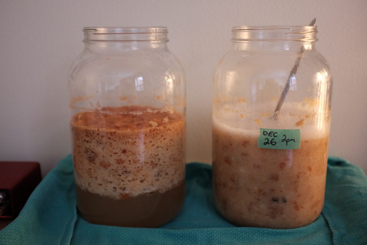 pre vs post mixing of pear vinegar mash. one has clear layers, the other does not.