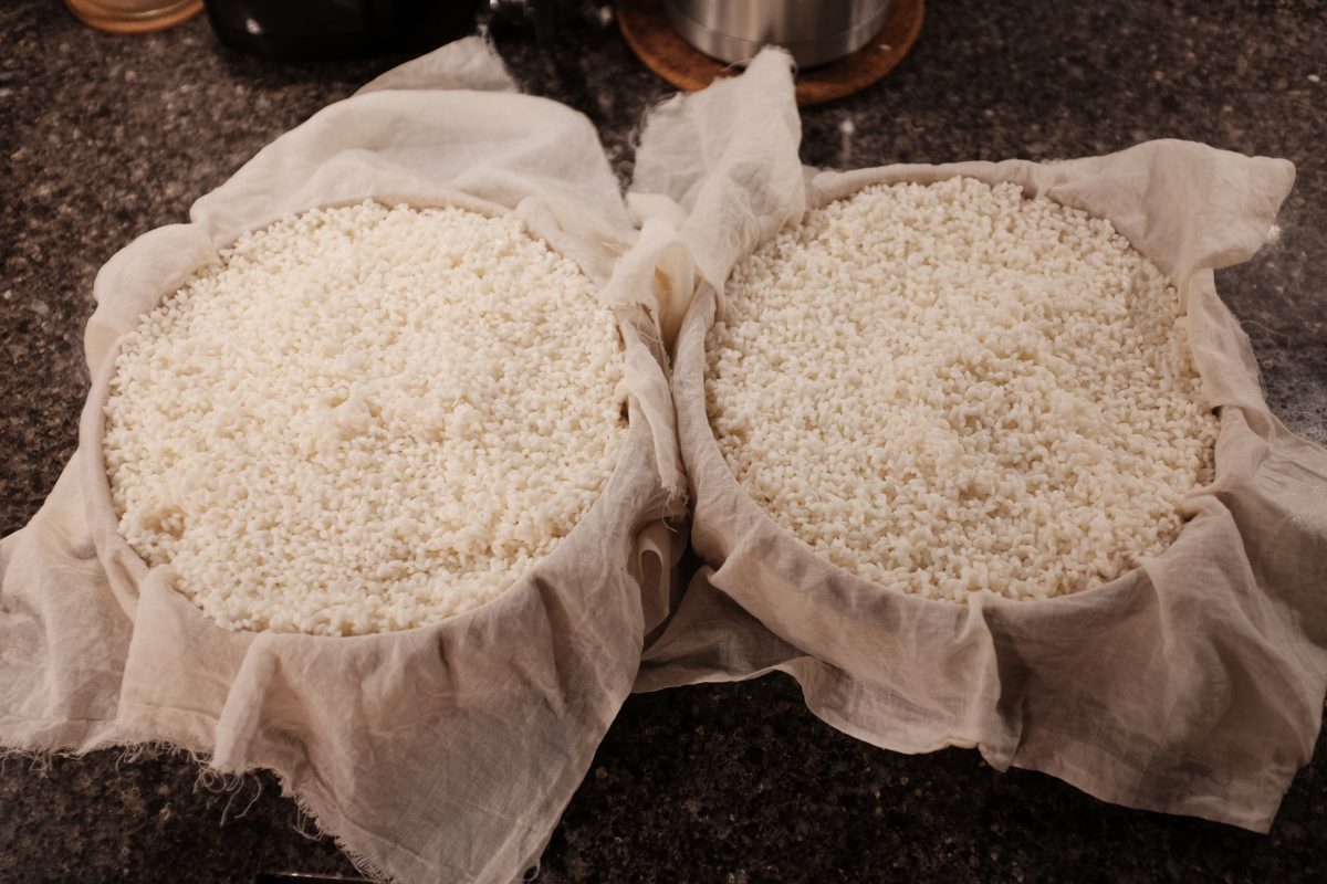 filling steamer with rice for makgeolli
