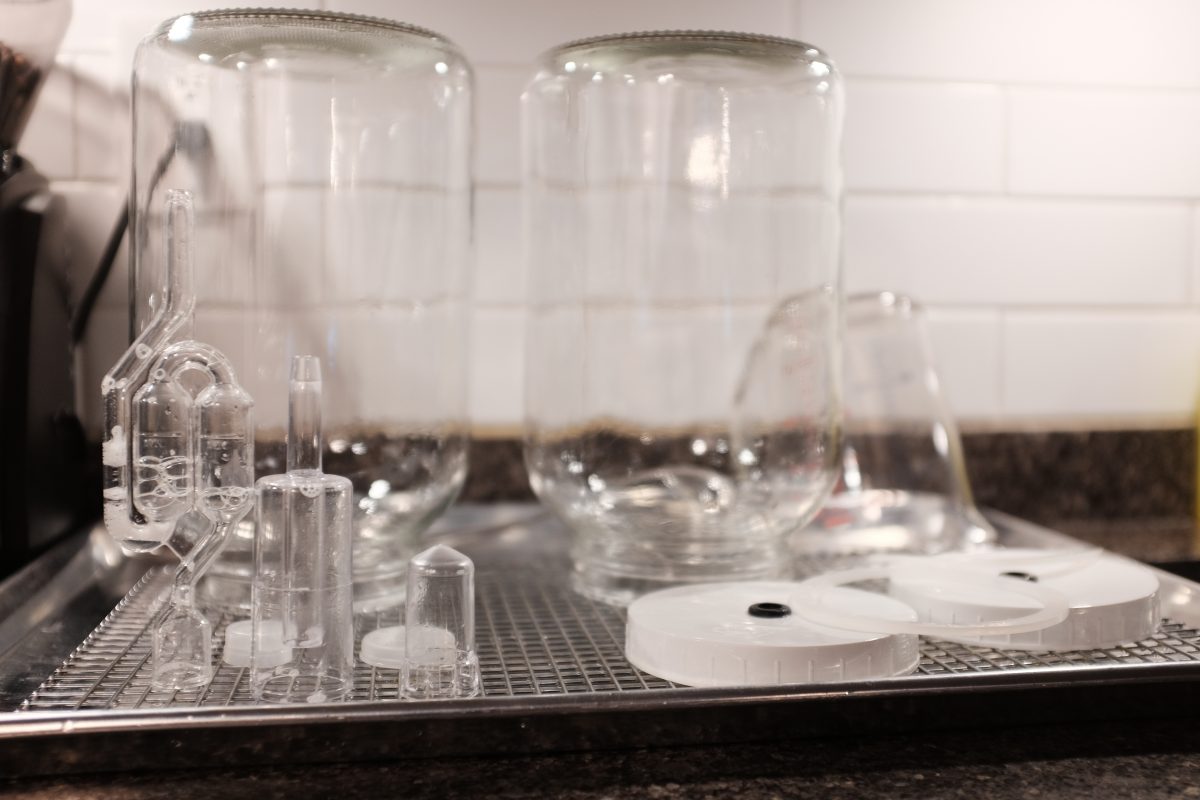 fermenting jars, airlocks spray sanitized