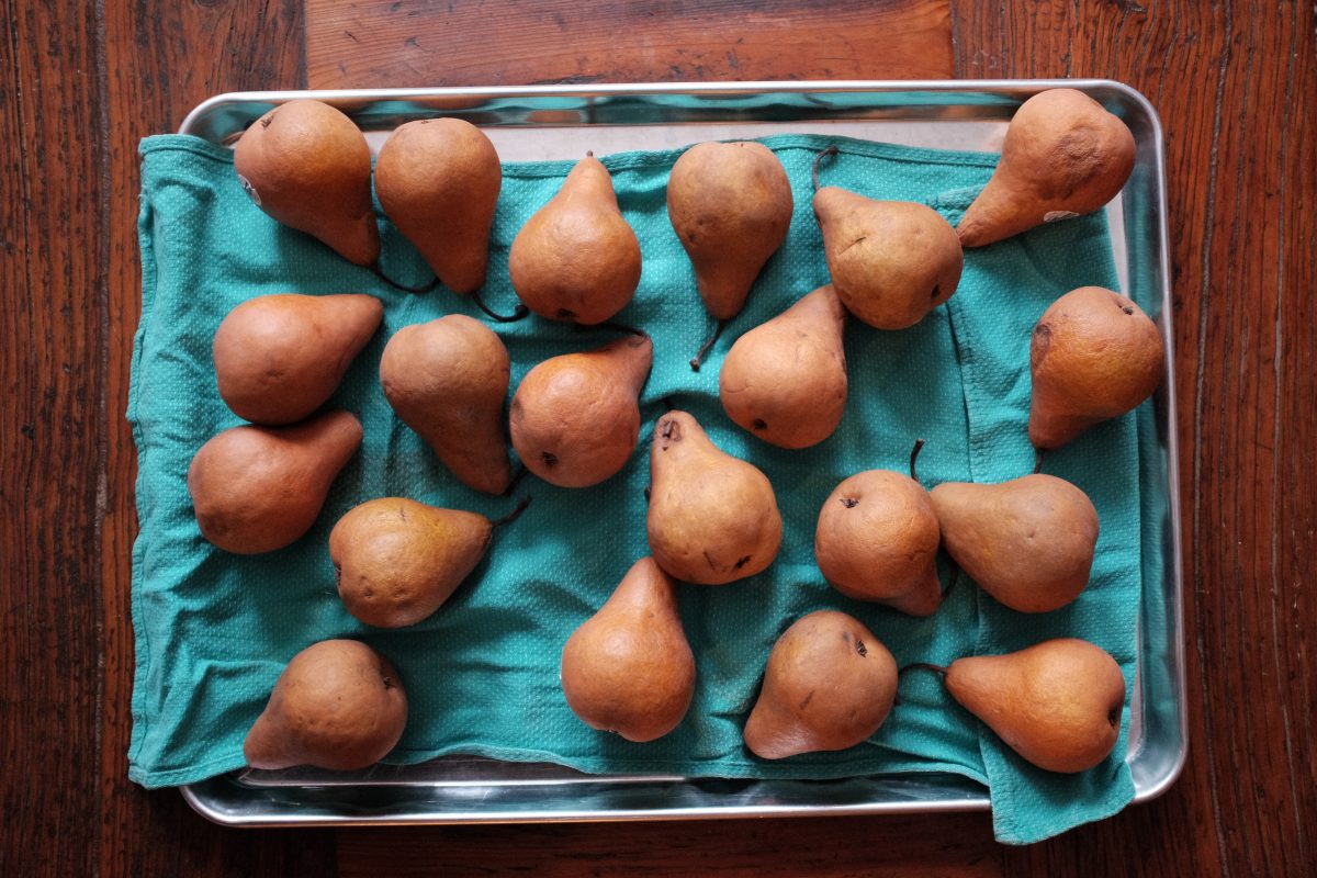 tray of ripe bosc pears