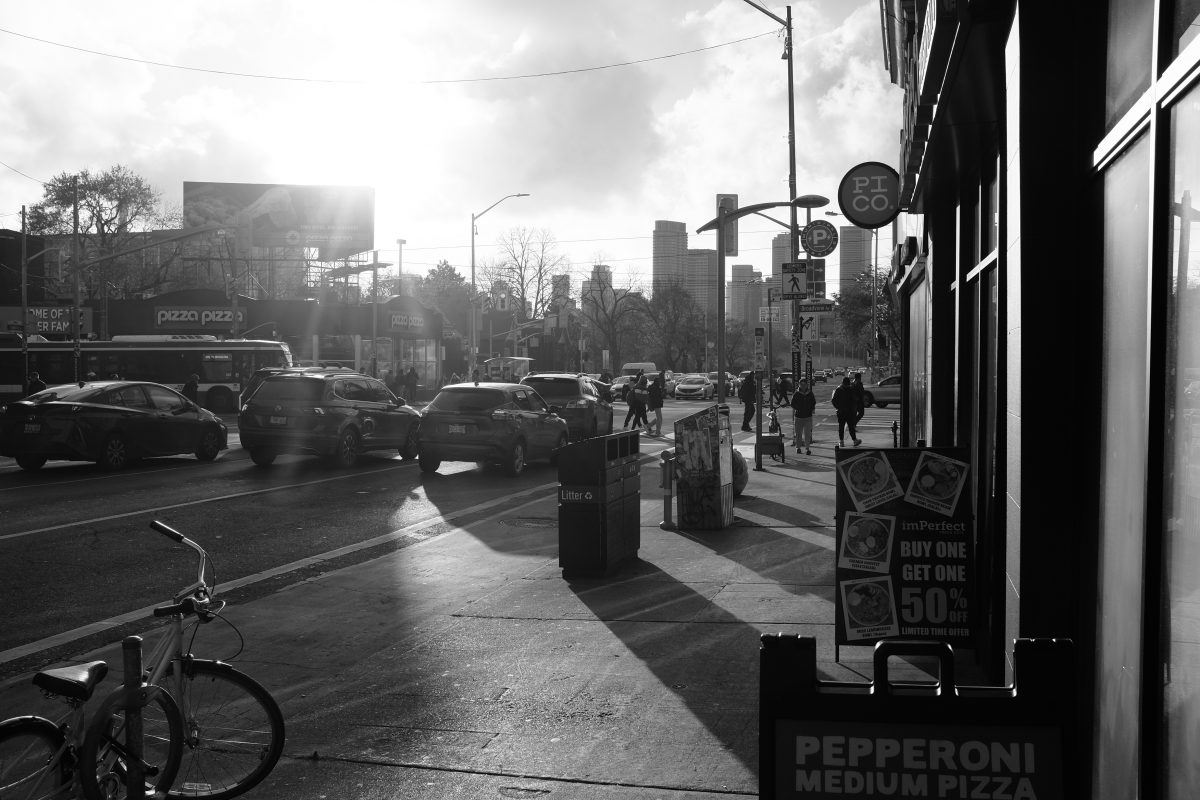 Danforth and Braodview Streets at sundown