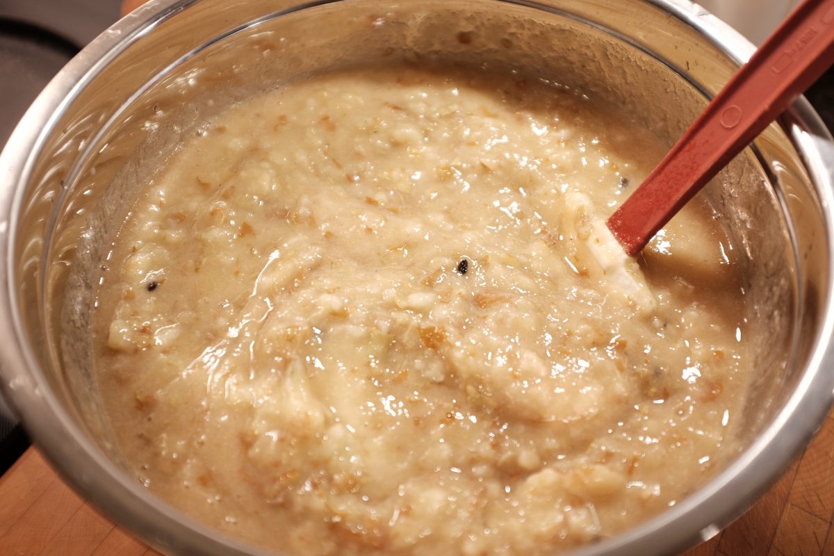 finished mash in a bowl. chunky with seeds and skin