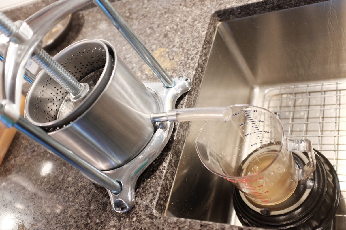 shows press in action. A hand screw mechanism pushes a metal plate against the mash.juice flows from the spout at the bottom.