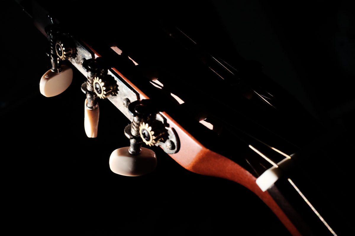 a guitar head stock lit by sunbeam